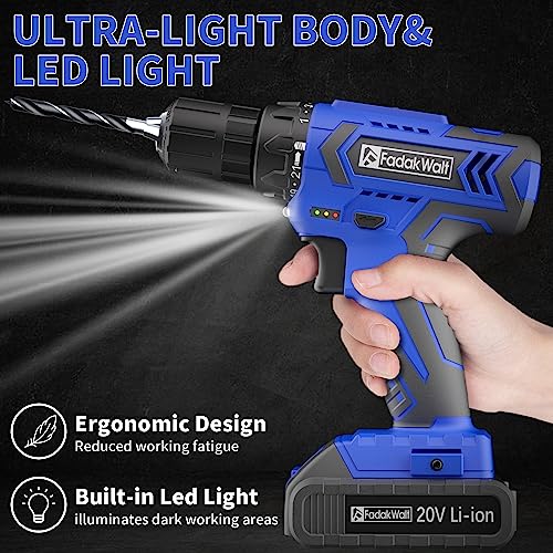 FADAWALT Power Cordless Drill Driver, 20V Cordless Drill and Screwdriver Set, Electric Combi Drill Kit 21+1 Torque, DIY Accessory Set, 2 Variable