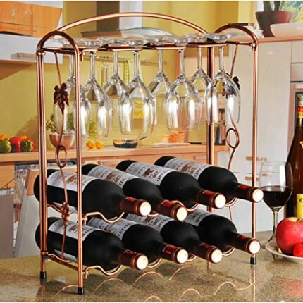 2-Tier Stackable Foldable Wood Wine Rack 8-Bottles Countertop 8 Wine Glass Rack Hanging Cup Holder Cabinet Wine Holder Storage- Free Standing - P