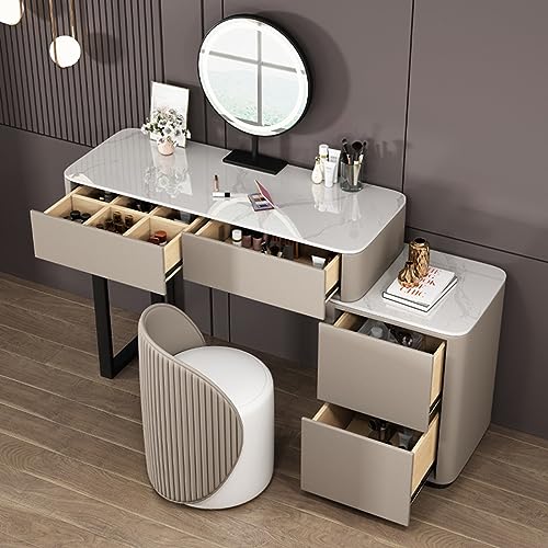 HAWEWE Modern Makeup Vanity Set With Side Cabinet, Round Lighted Mirror And PU Leather Stool Dressing Table For Girls Wife Daughter Bedroom (Colo