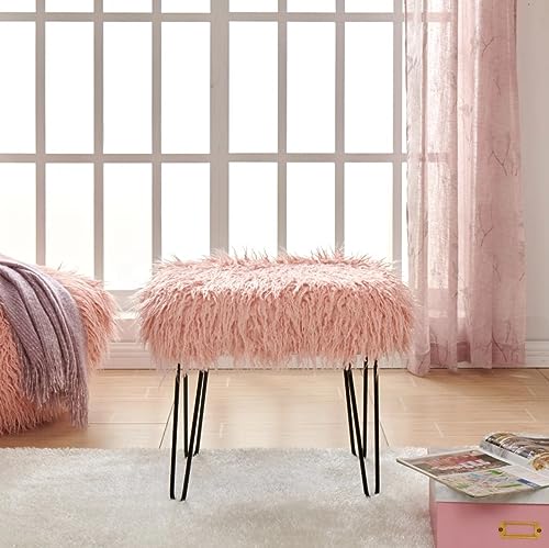 Pink Faux Sheepskin Dressing Table Stool Fur Glam Bedroom Bench Seat Chair