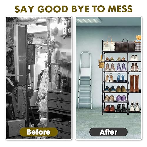 powerking Large Shoe Rack 7 Tier 2 Row, Metal Shoes Storage Shelf Organiser, Holds 24-35 Pairs Tall Shoes and Boots for Hallway Entryway, Space S