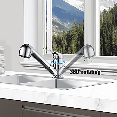 kisimixer Pull Out Kitchen Tap 360° Swivel Spout Kitchen Sink Tap with 2 Water Outlet Modes, Basin Mixer Tap for Kitchen Sink Pull Down Sprayer,