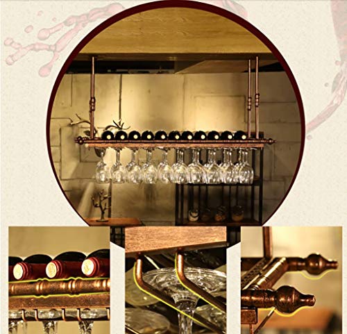 KEppd Ceiling Wine Rack, Adjustable Height Wall Hanging Metallic Iron Bottle Holder Wine Glass Holder Goblet Rack, Retro Style Creative Bar Decor