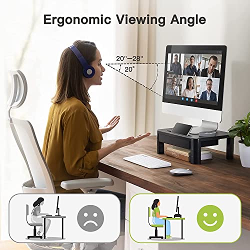 LORYERGO Monitor Stand, Laptop Stand for Desk, Height Adjustable w/Drawer, Computer Stand w/Cellphone Holder, Monitor Riser, Small Printer Stand,