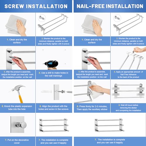 Otoomenz Towel Rail Wall Mounted 3-Tier Towel Rack, SUS 304 Stainless Steel Towel Shelves, Towel Bar Towel Storage 2 Installation Methods Adjusta