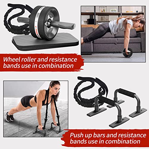 EnterSports Ab Rollers Wheel Kit, Exercise Wheel Core Strength Training Abdominal Roller Set with Push Up Bars, Resistance Bands, Knee Mat Home G