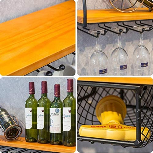 Wall Storage Organizer Shelf Wine Rack, Wine Bottle Wall Hanging Wine Bottle Holder Metal and Wood Wine Glass Goblet Rack Cup Holder for Bar Rest