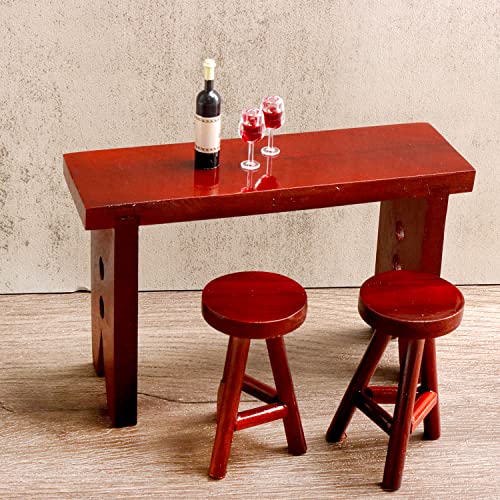 1:12 Mini Wooden House Furniture Miniature Pub Mini Bar Counter Table Chair Miniature Red Wine Glass for Mini House Decor