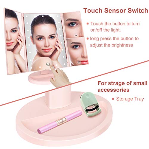deweisn Tabletop Mount Tri-Fold Lighted Vanity Mirror with 21 LED Lights, Touch Screen and 3X/2X/1X Magnification, Two Power Supply Modes Make Up