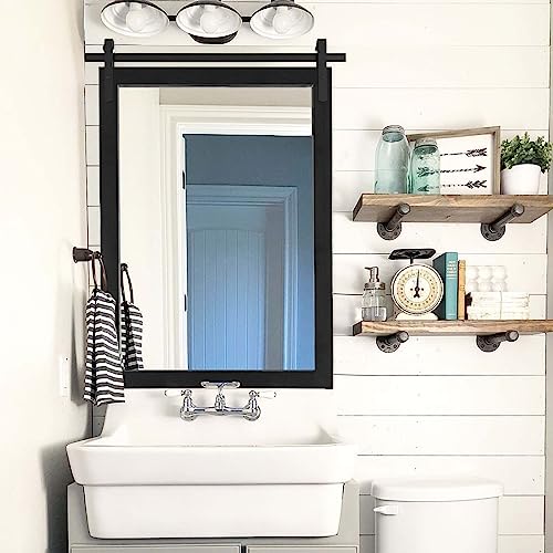 Farmhouse Bathroom Mirror Rustic Wall Mirror Barn Door Style Wood Framed Square Vanity Mirrors for Wall Decor 20x28 inch Black Wall Mounted Dress