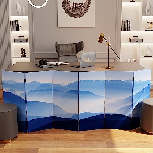 Red Lantern 3 ft. Short Double Sided Misty Mountain Canvas Folding Screen 6 Panel Freestanding Partition and Separator for Modern and Contemporar