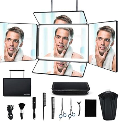 5 Way Mirror for Self Hair Cutting, 360 Mirror for Braiding, 5 Sided Barber Mirrors with Light, Makeup Mirror with Adjustable Telescoping Hooks,