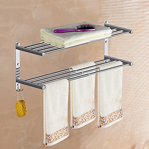 HONPHIER Towel Rails Wall Mounted Chrome 2 Tier Adjustable Towel Bars Stainless Steel Towel Rack With Hooks 43-78CM Towel Shelves for Kitchen Bat