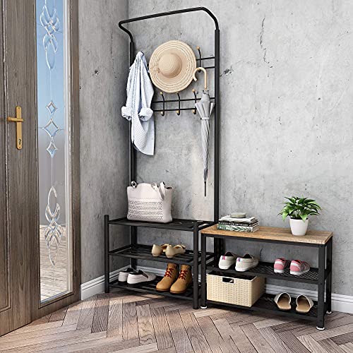 Meerveil Coat and Shoe Rack, Coat Stand, Rack with Shoe Storage, Clothes Rack with 18 Hooks Metal Frame, Entrance Furniture Shelf with Bench, Liv