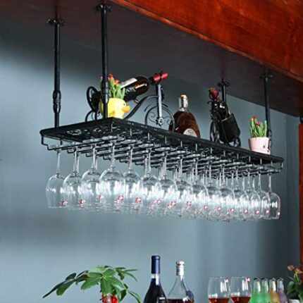 EYLINK Ceiling Hanging Wine Goblets Stemware Rack Wine Champagne Glass Holder, Adjustable Height Wine Bottle Holder Metal Wine Rack for Kitchen B