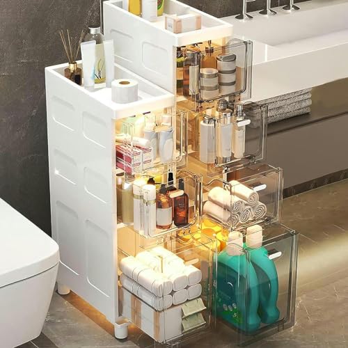 Slim Bathroom Cabinet Storage, Large Capacity Slim Toilet Paper Storage Cabinet with Clear Plastic Drawers Casters Narrow Tall Slim Floor Cabinet
