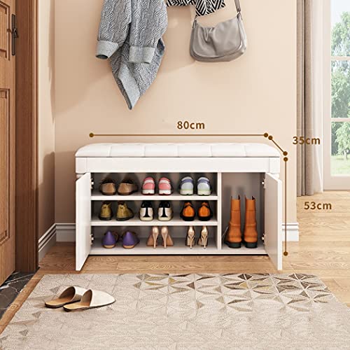 Shoe Bench Solid Wood Storage Bench Entryway, 3-Tier Entryway Bench with PU Cushion Seating, Shoe Rack Organizer with Door Cabinet for Entryway,