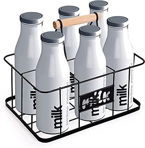Bekith 6 Unit Milk Bottle Holder Wire Metal Doorstep Milk Crate Rustic Farmhouse Wire Bottle Carrier with Handle, 29 x 20 x 13 cm