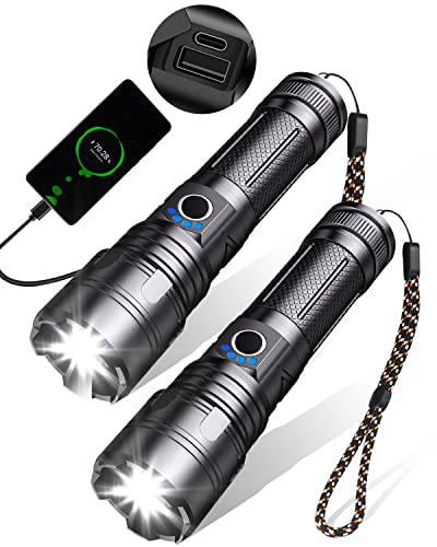 Maxesla 2 Pack Type C LED Torch Rechargeable 8000LM Gifts for Men Dad Kids, 3000mAh Battery Torches LED Super Bright, IPX5 Waterproof Rechargeabl
