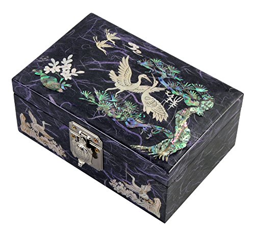 Mother of Pearl Crane Bird and Pine Tree Design Purple Wooden Jewellery Drawer Mirror Trinket Keepsake Treasure Gift Asian Lacquer Box Case Chest