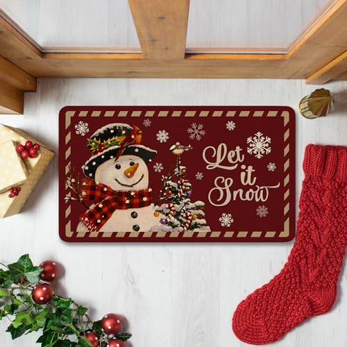 Red Christmas Welcome Doormat for Indoor/Outdoor Entrance Cute Snowman Let It Snow Decoration Door Mat Merry Xmas Kitchen Door Floor Mat Bedroom