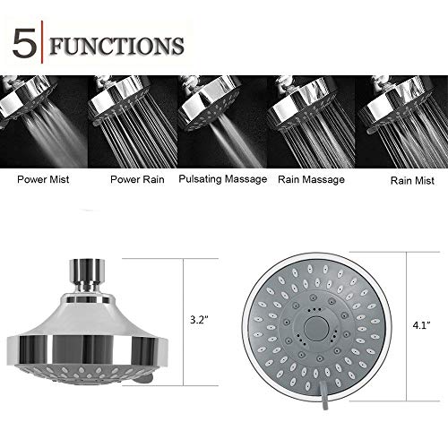Kaxich Shower Head 4 Inch Rainfall High Pressure Showerhead 5 Spray Settings with Adjustable Metal Swivel Ball Joint, Fixed Mount