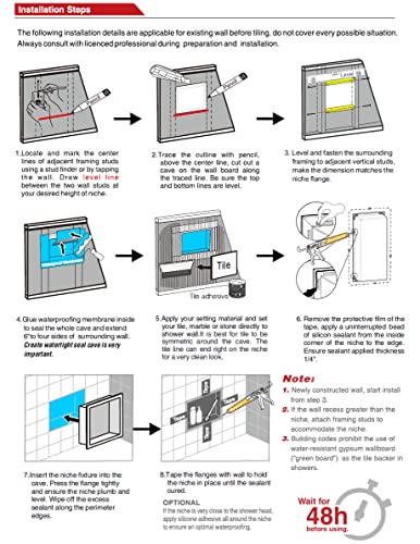 Neodrain No Tile Shower Niche, Insert Storage Shower Shelf (Outside Size 13.1”X13.1“)(Inner Size 12" X 12"), Stainless Steel Wall Niche No Tiled