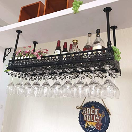Metal Iron Ceiling Wine Rack, Hanging Mounted Wine Bottle Holder, Upside Down Champagne Glass Rack, Stemware Goblet Rack, Bar Home Decor, Black (