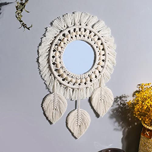 Tiardey Hanging Wall Mirror with Boho Fringe Round Decorative Mirror for Apartment Living Room Bedroom Home Decor-Leaf style