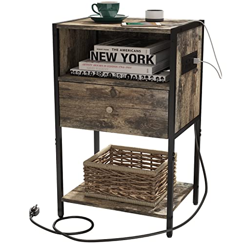 LDTTCUK Nightstand Set of 2 with Charging Station, Modern End Table with Drawer, White Bedside Table with Open Storage for Bedroom