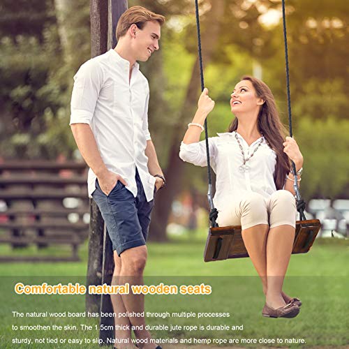 PELLOR Wooden Swing Seat Hanging Wood Tree Swings Sets Anticorrosive & 100% Waterproof Garden Swing for Adults & Kids Indoor & Outdoor(Brown)