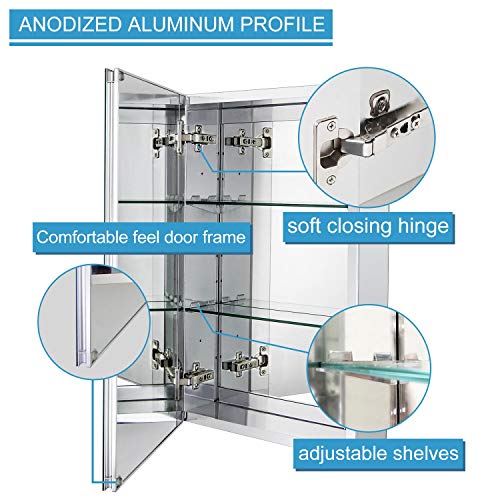 Fundin Aluminum Bathroom Mirror Cabinet Recess Mount or Surface Mount, with Framless Double Sided Mirror Door, 38 x 61 cm