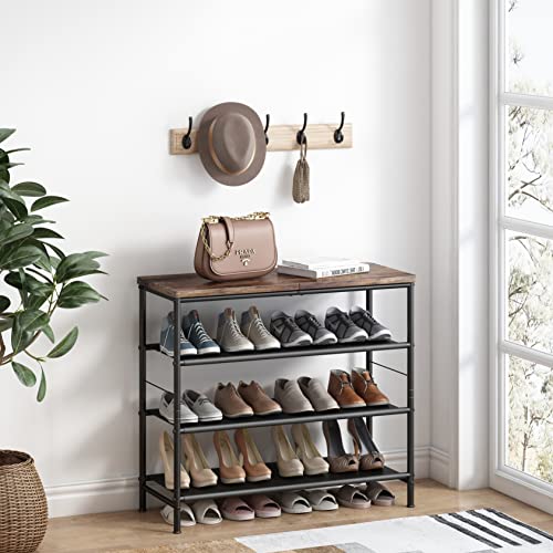 INGIORDAR Shoe Rack Organizer 4 Tier Metal Organizer Shelf with Industrial MDF Board and Layer Fabric for Entryway Closet Bedroom Living Room Gar