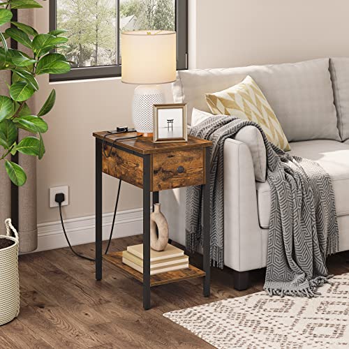 HOOBRO Narrow Side Table, Slim Bedside Table with Charging Station, USB Ports & Power Outlets, Nightstand for Living Room, Bedroom, Flip Top, Rus
