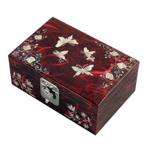 Mother of Pearl Crane Bird and Pine Tree Design Purple Wooden Jewellery Drawer Mirror Trinket Keepsake Treasure Gift Asian Lacquer Box Case Chest