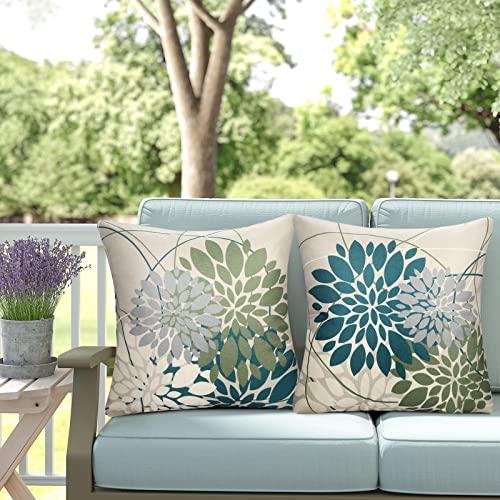 Cushion Covers 40CM X 40CM Blue Green Flower Pattern Pillow Cover Grey Cushions Summer Spring Waterproof Cushions Pillow Case 16X16 Decorative Co