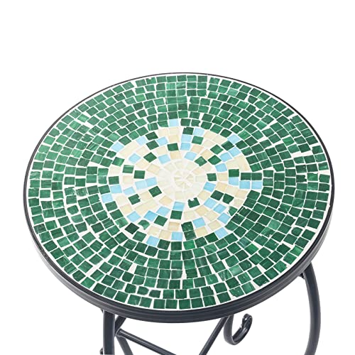 display4top Mosaic Round Outdoor Accent Table,Plant Flower Stand,Round Side Table (Green)