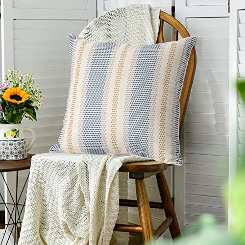 Dremisland Outdoor Waterproof Throw Cushion Covers Set of 2 Blue Yellow Stripe Pillowcases Decorative Farmhouse Water Resistant Pillow Covers for