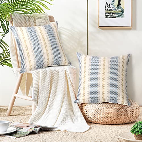 Dremisland Outdoor Waterproof Throw Cushion Covers Set of 2 Blue Yellow Stripe Pillowcases Decorative Farmhouse Water Resistant Pillow Covers for