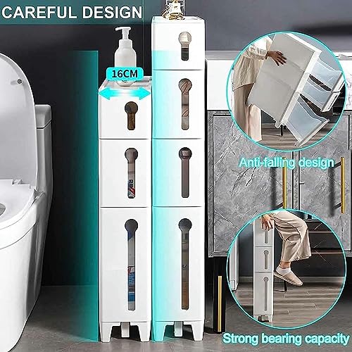Freestanding Utility Storage Pantry Cabinet Cupboard for Small Spaces, (W) 6in Skinny Bathroom Storage Cabinet with Plastic Storage Drawers for L