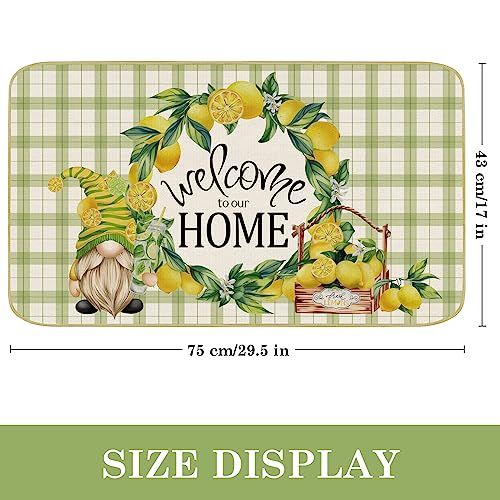 comfoyar Green and White Checkered Door Mat, Gnomes Lemon Welcome Home Floor Mats, Non Slip Rubber Backing Entrance Rug, Absorbent Washable Front