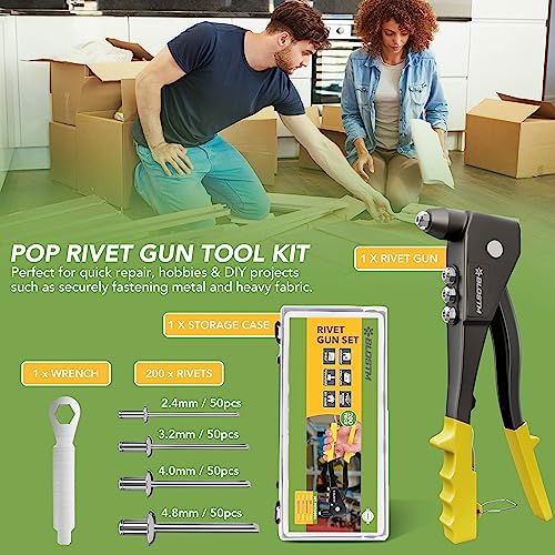 BLOSTM Pop Rivet Gun Kit - Full 200 Rivet Set with Pop Riveter & Carrying Case Containing 200 Rivets in 4 Sizes 2.4mm 3.2mm 4mm 4.8mm for Metal,