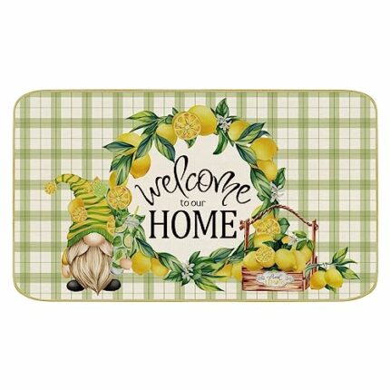 comfoyar Green and White Checkered Door Mat, Gnomes Lemon Welcome Home Floor Mats, Non Slip Rubber Backing Entrance Rug, Absorbent Washable Front
