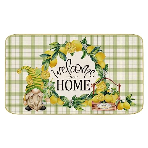 comfoyar Green and White Checkered Door Mat, Gnomes Lemon Welcome Home Floor Mats, Non Slip Rubber Backing Entrance Rug, Absorbent Washable Front