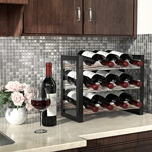 J JACKCUBE DESIGN Rustic Wine Rack Freestanding Floor 3 Tier Stackable Display Storage for Counter-top 12 Glass Bottles Holder Liquor Shelf with