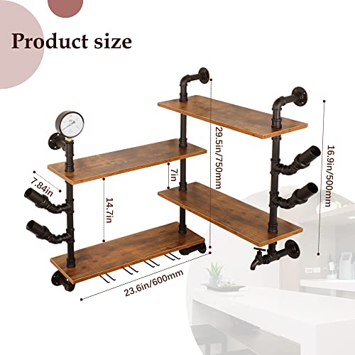 lukar 4 Tier Wall Wine Rack with 4 Stem Glass Holder, Hanging Industrial Pipe Shelving Wine Rack Wall Mounted, Floating Bar Liquor Shelves