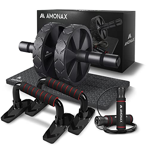 Amonax Gym Equipment for Home Workout (Ab Roller Wheel Set, Skipping Rope, Push-up Handles). Fitness Exercise, Strength Training Equipment for Ab
