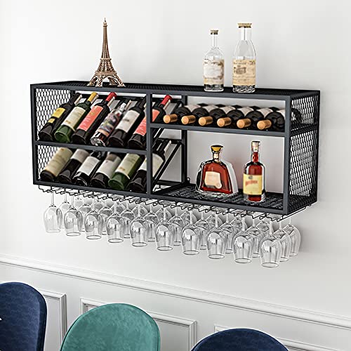KEppd 2-Tier Floating Shelves Wall-Mounted Wine Rack, Bottles and Glass Holder, Metal Wine Storage Rack Organizer, Wine Display Shelf for Home Ki