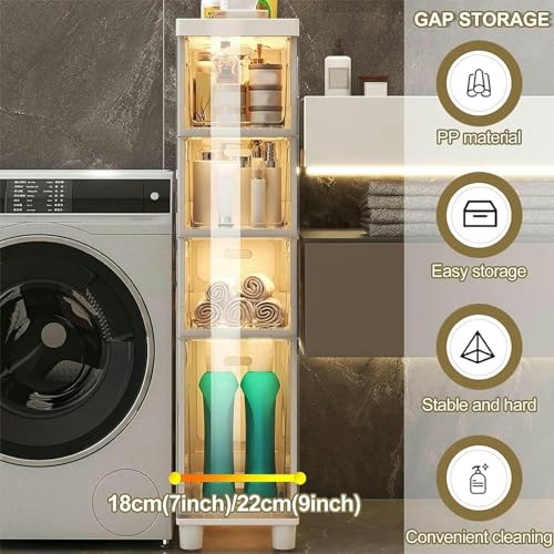 Slim Bathroom Cabinet Storage, Large Capacity Slim Toilet Paper Storage Cabinet with Clear Plastic Drawers Casters Narrow Tall Slim Floor Cabinet