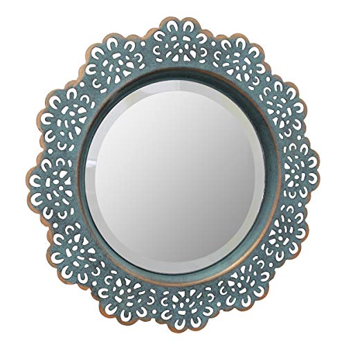 Stonebriar Decorative Round Metal Lace Wall Mirror with Attached Hanger, Turquoise